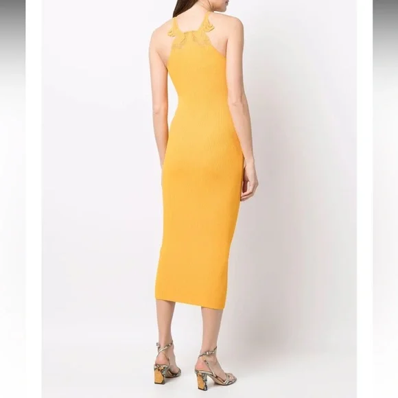 Self Portrait / Bodycon Lace Insert Rib Knit Midi Dress Canary Yellow  Viscose S
